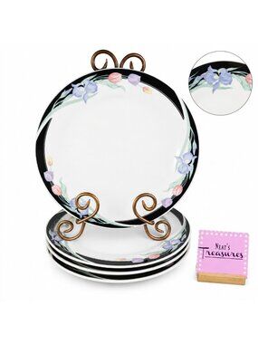 Excel CARAVEL Pink Purple Floral Iris Tulips Black Border Dinner Plates Set of 4